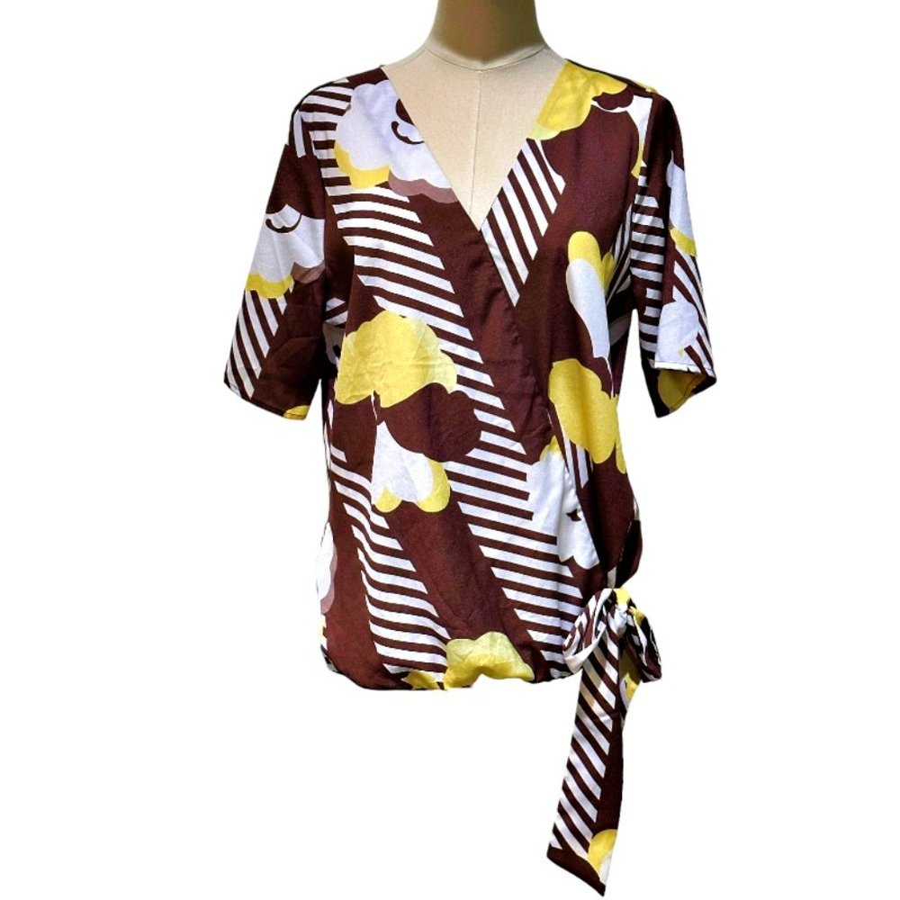 New York & Company V-Neck Blouse Top Size M Wrap Style Side Tie Brown Yellow